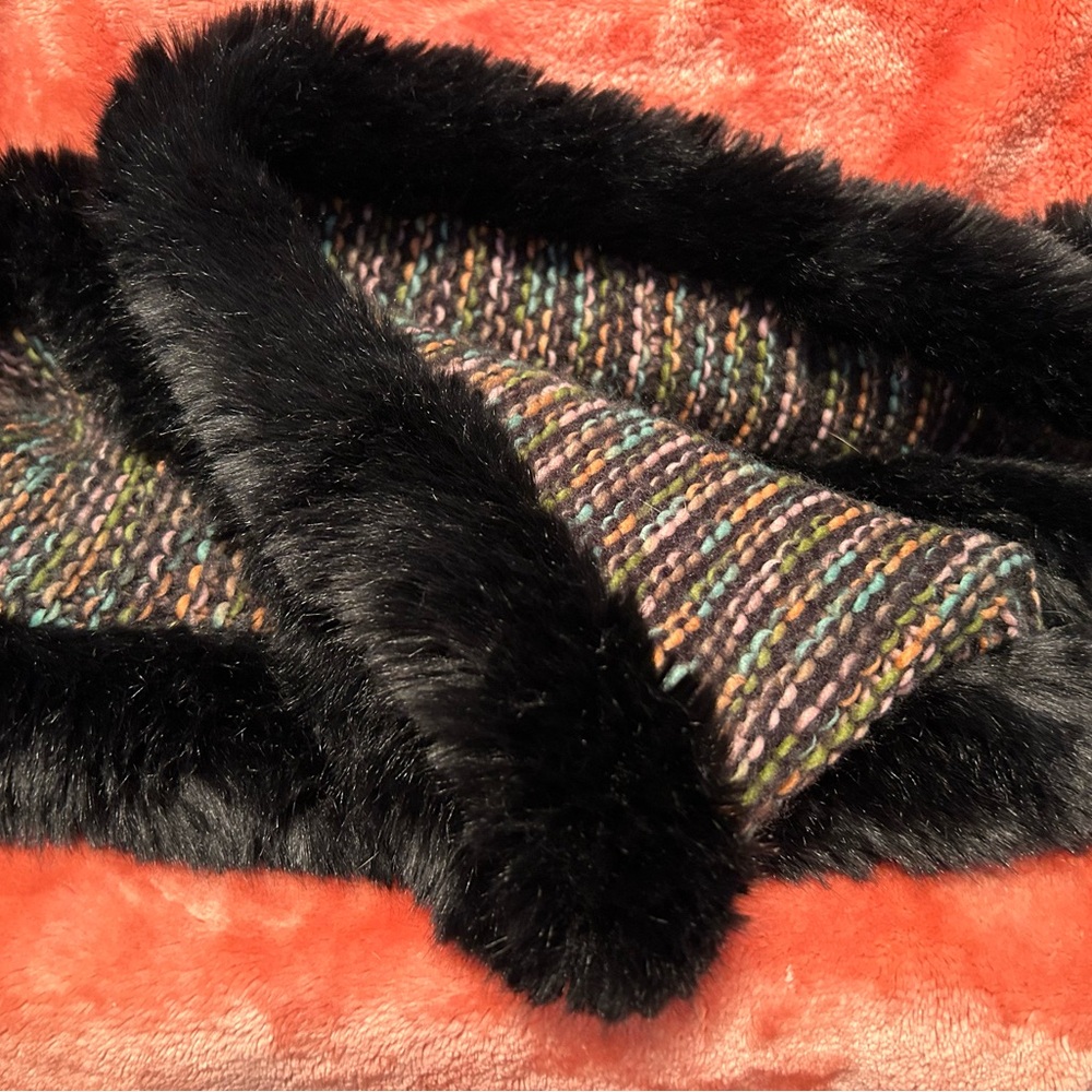 Faux Frenzi Winter Infinity Scarf Multicolored Knit with Black Faux Fur 38”